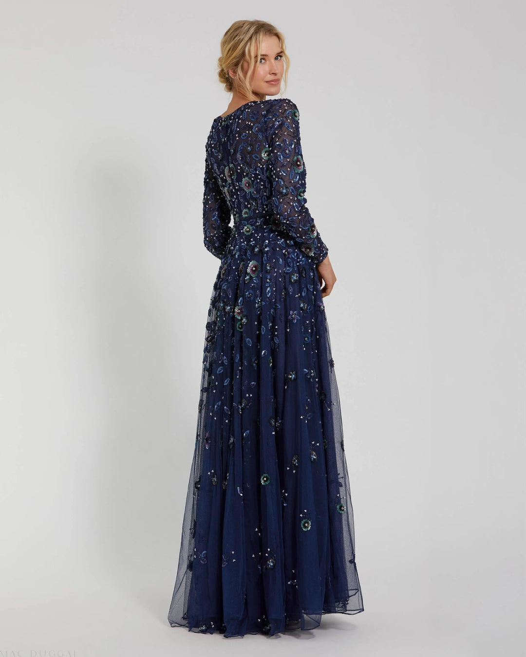 Mac Duggal 5533 Gray Embellished High Neck Long Sleeve A Line Gown