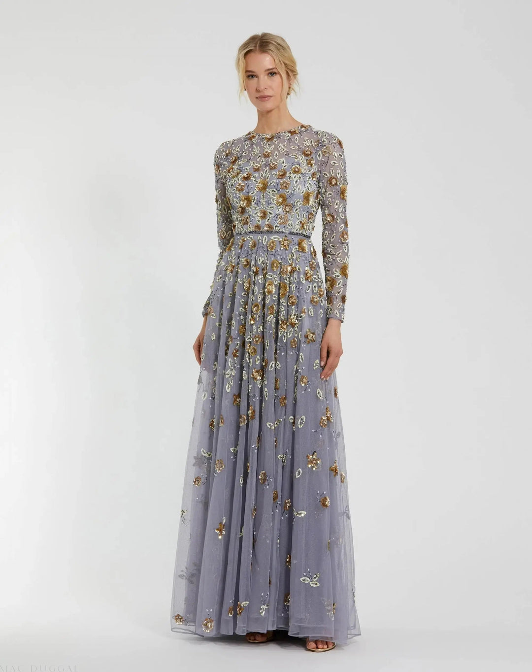 Mac Duggal 5533 Gray Embellished High Neck Long Sleeve A Line Gown