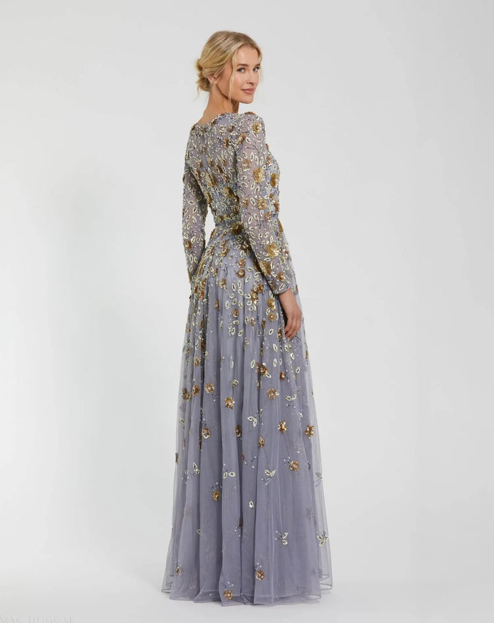 Mac Duggal 5533 Gray Embellished High Neck Long Sleeve A Line Gown