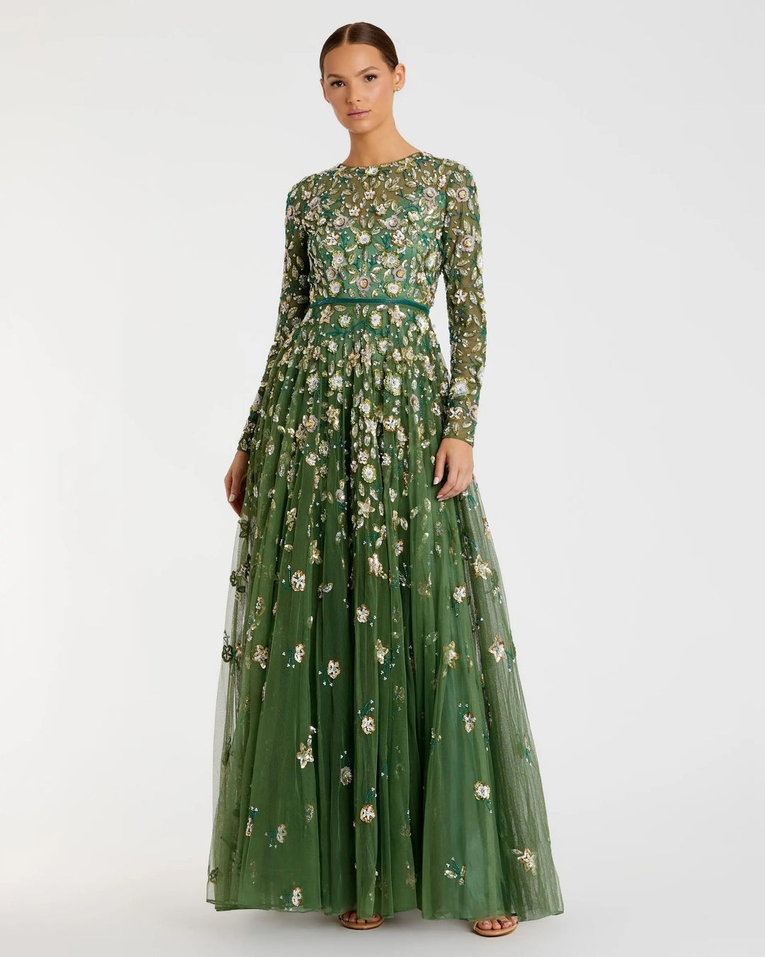 Mac Duggal 5533 Gray Embellished High Neck Long Sleeve A Line Gown