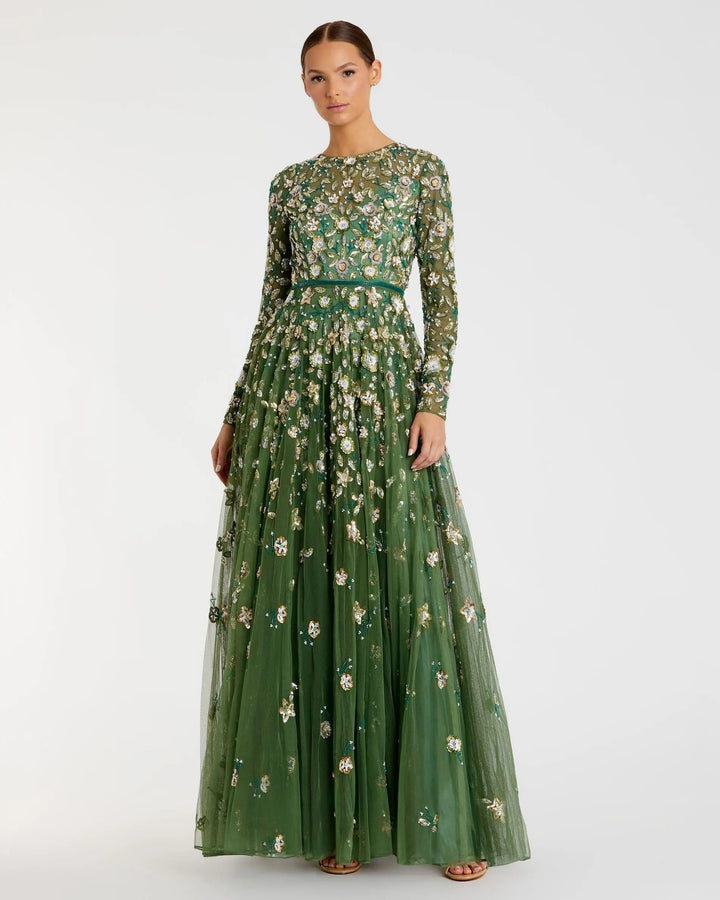Mac Duggal 5533 Gray Embellished High Neck Long Sleeve A Line Gown