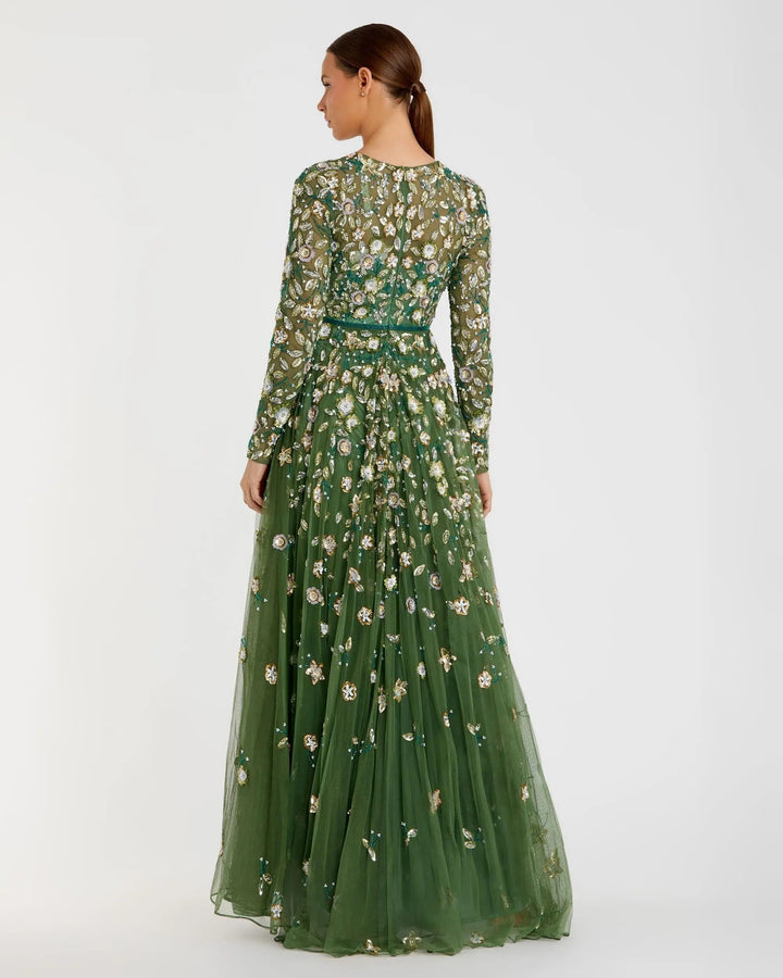 Mac Duggal 5533 Gray Embellished High Neck Long Sleeve A Line Gown