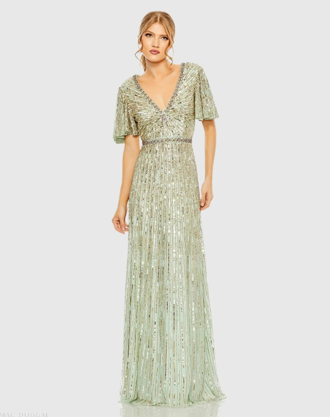 Mac Duggal 5538 Embellished V Neck Butterfly Sleeve Column Gown