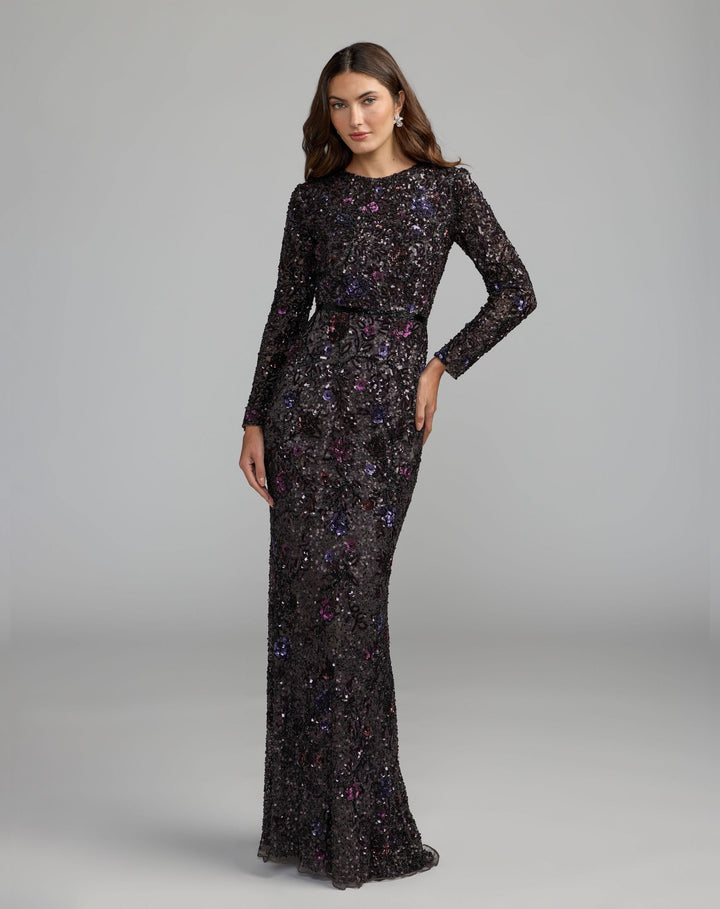 Mac Duggal 5556 Embellished Floral Long Sleeve Gown