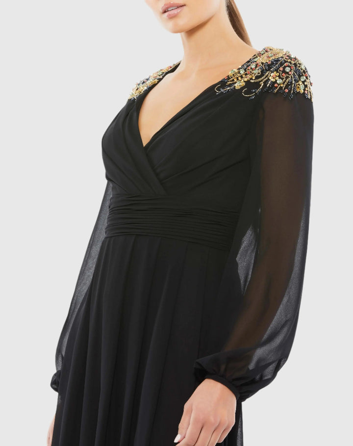 Mac Duggal 55694 Embellished Shoulder Blouson Sleeve Evening Gown