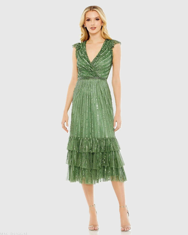 Mac Duggal 5585 Green Sequined Wrap Over Cap Sleeve Ruffle Hem Dress