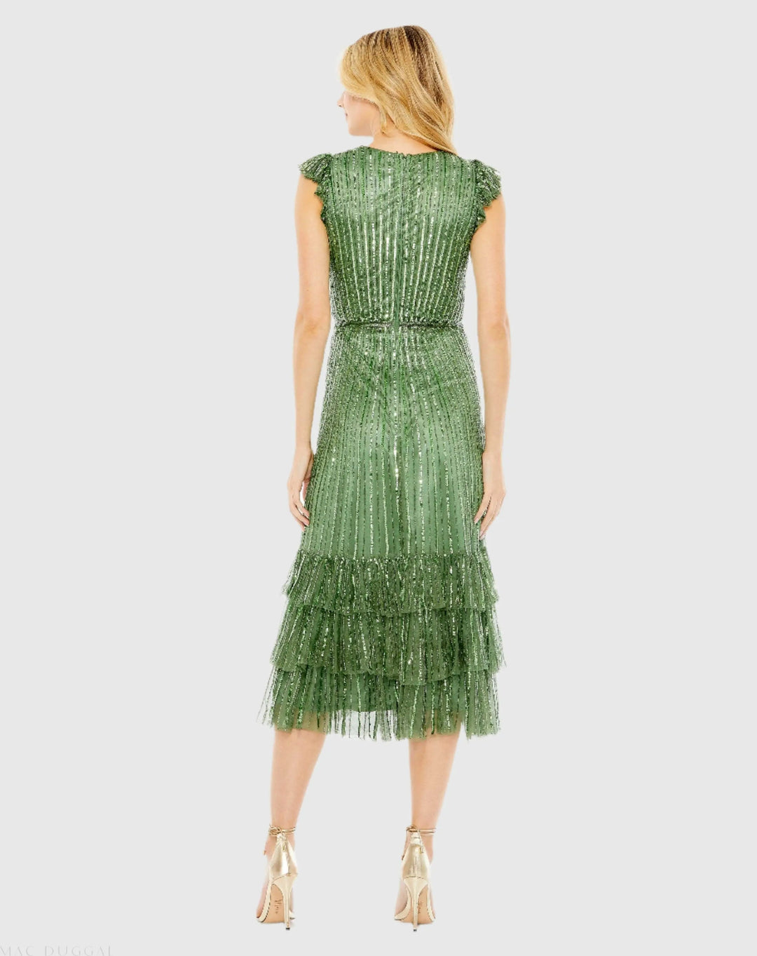 Mac Duggal 5585 Green Sequined Wrap Over Cap Sleeve Ruffle Hem Dress