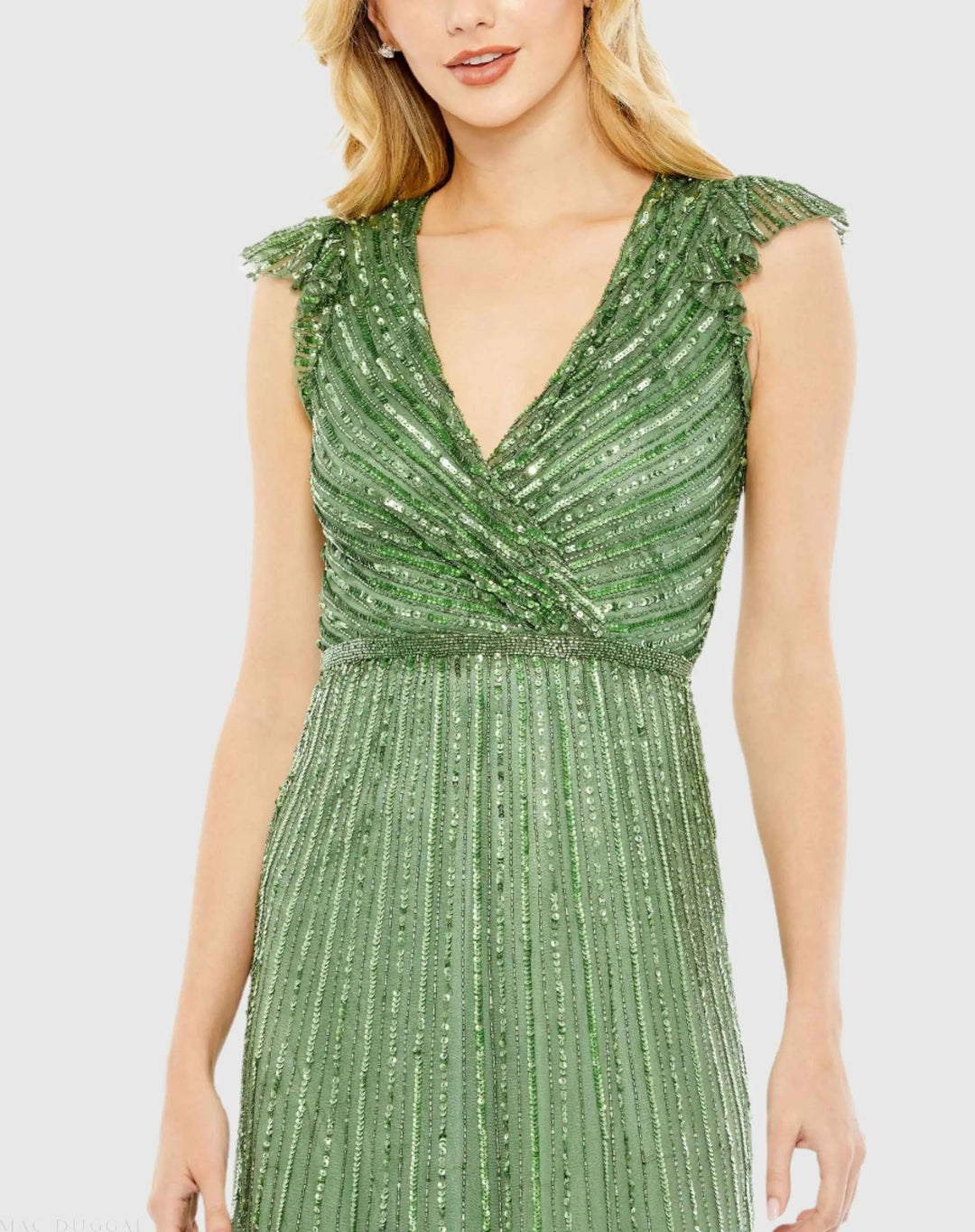 Mac Duggal 5585 Green Sequined Wrap Over Cap Sleeve Ruffle Hem Dress