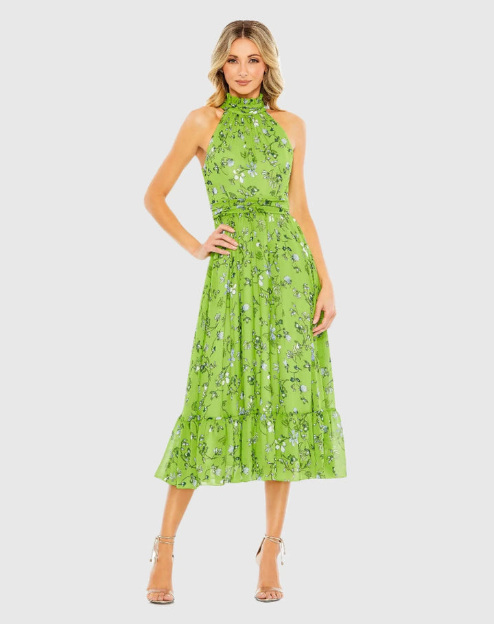 Mac Duggal 55854 Floral Print High-Neck A-Line Midi Dress