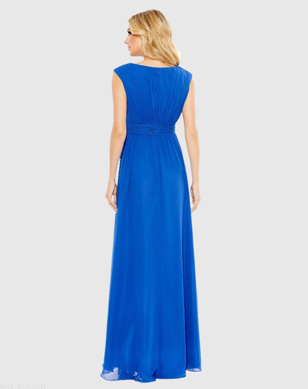 Mac Duggal 55863 Pleated Bateau Cap Sleeve A Line Gown