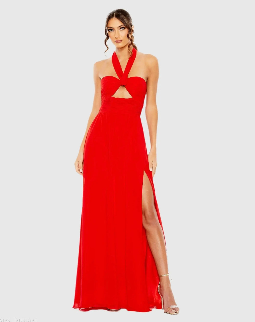 Mac Duggal 55898 Ruched Halter Strap Keyhole Chiffon Gown