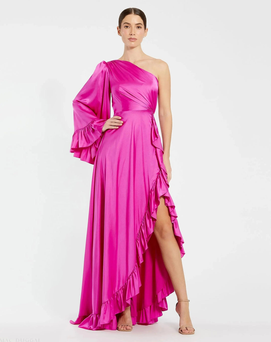 Mac Duggal 55950 Long One Sleeve Asymmetrical Ruffle Hem Gown