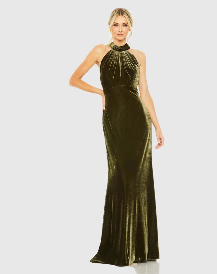 Mac Duggal 55954 Halter Tie Front Slit Velvet Column Gown