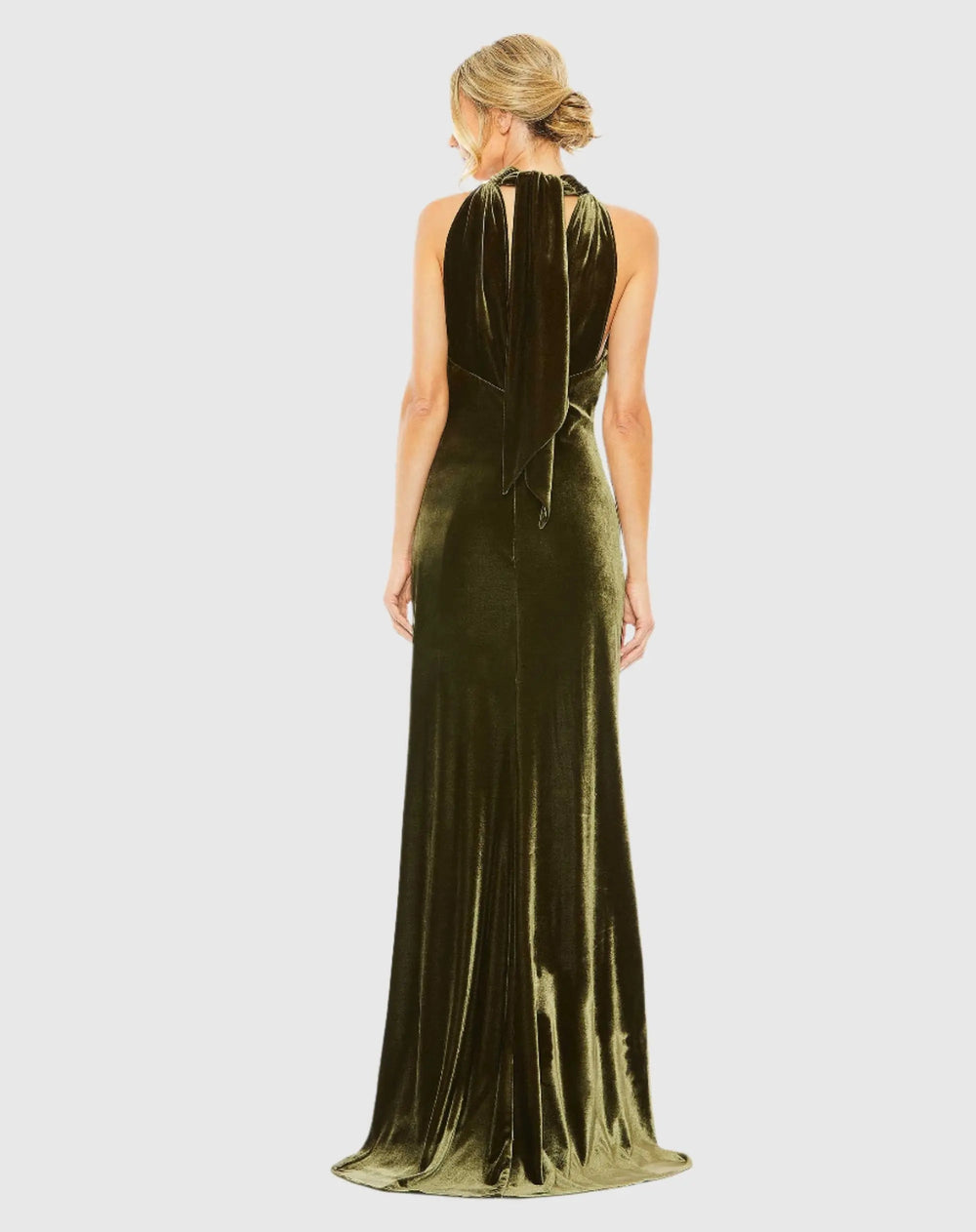 Mac Duggal 55954 Halter Tie Front Slit Velvet Column Gown