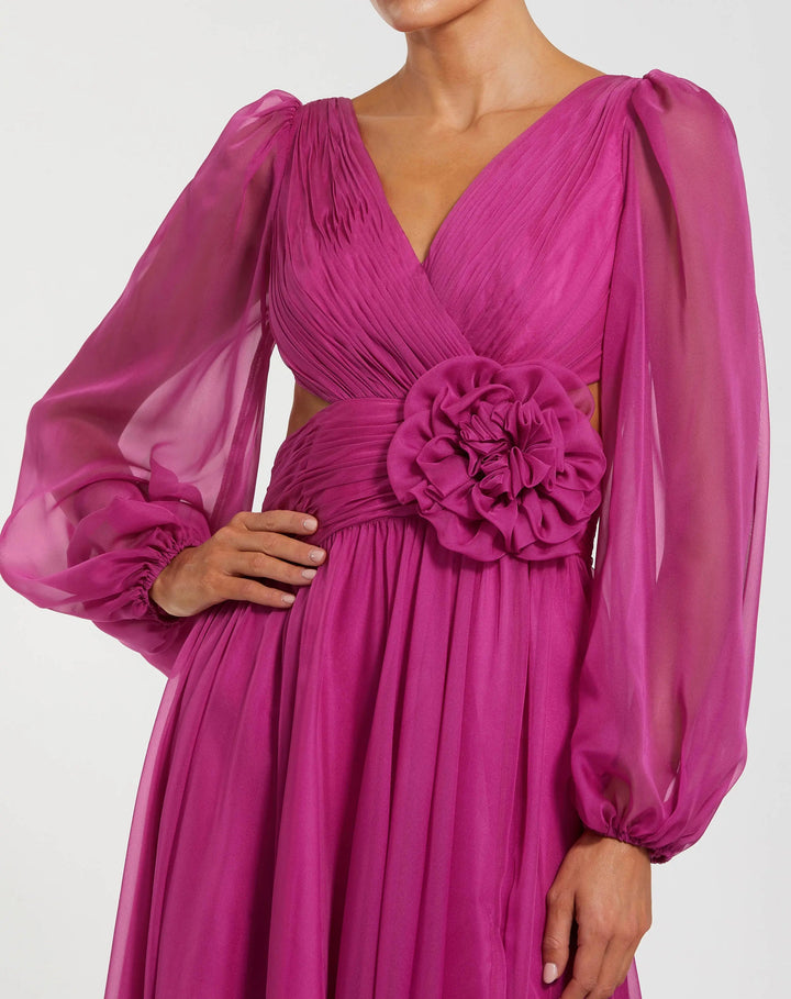 Pink Long Sleeve V-Neck Chiffon Gown With 3D Flower - FOSTANI.com