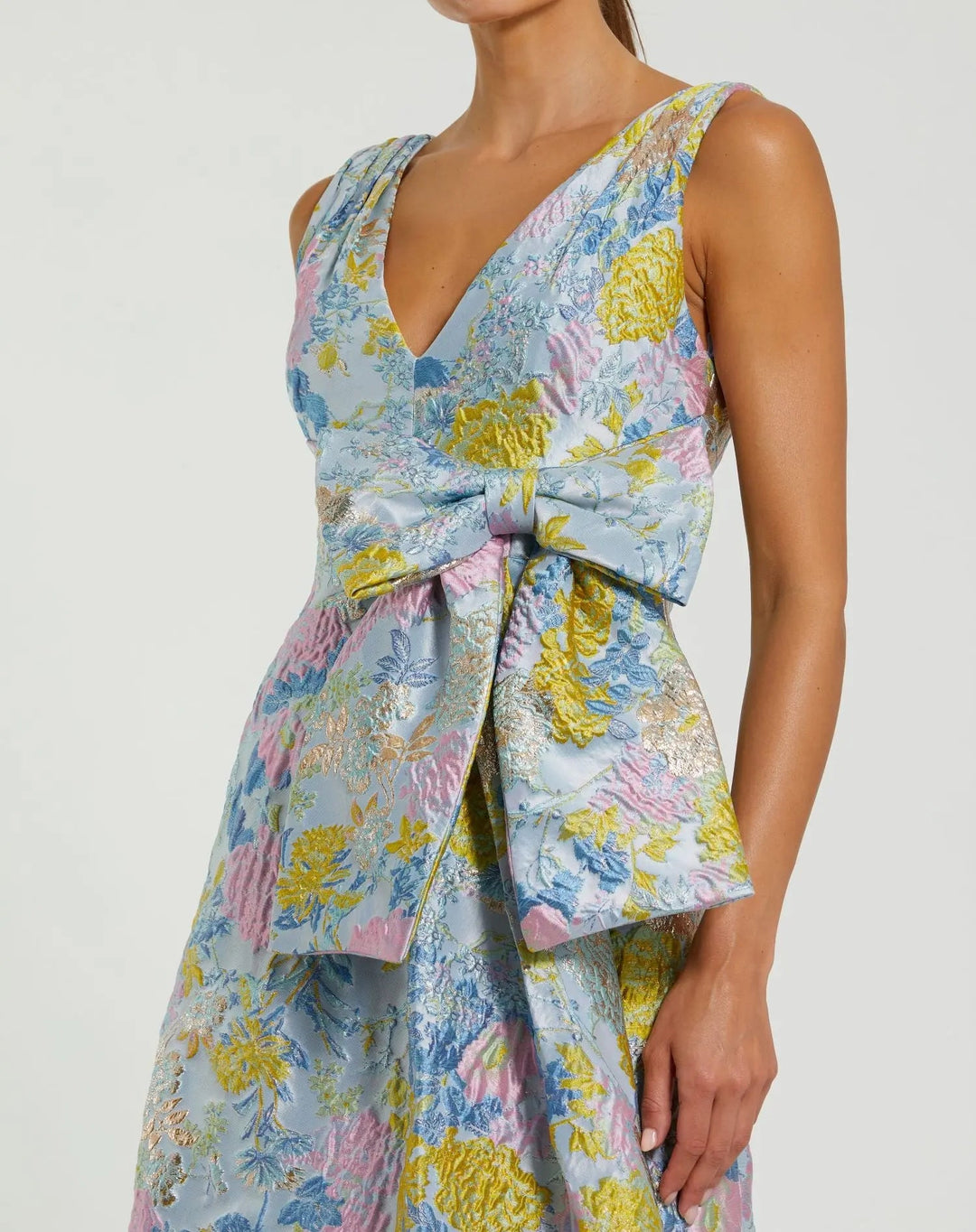 Mac Duggal 56104 Floral Brocade Sleeveless Midi Dress With Bow