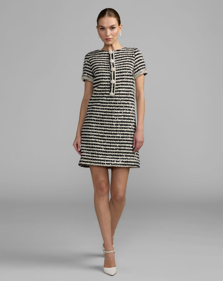 Mac Duggal 56169 and Striped Button Up Boucle Mini Dress