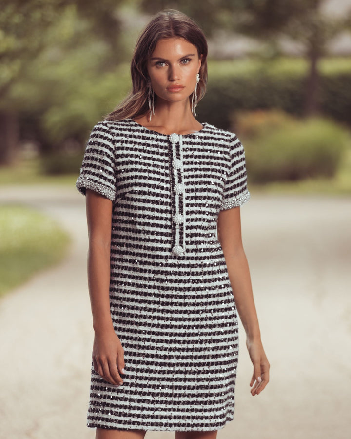 Mac Duggal 56169 and Striped Button Up Boucle Mini Dress