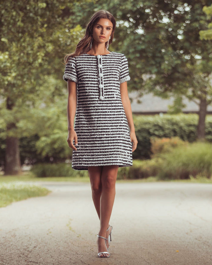 Mac Duggal 56169 and Striped Button Up Boucle Mini Dress