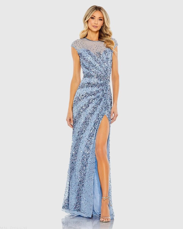 Mac Duggal 5619 Blue Embellished Illusion High Neck Cap Sleeve Gown
