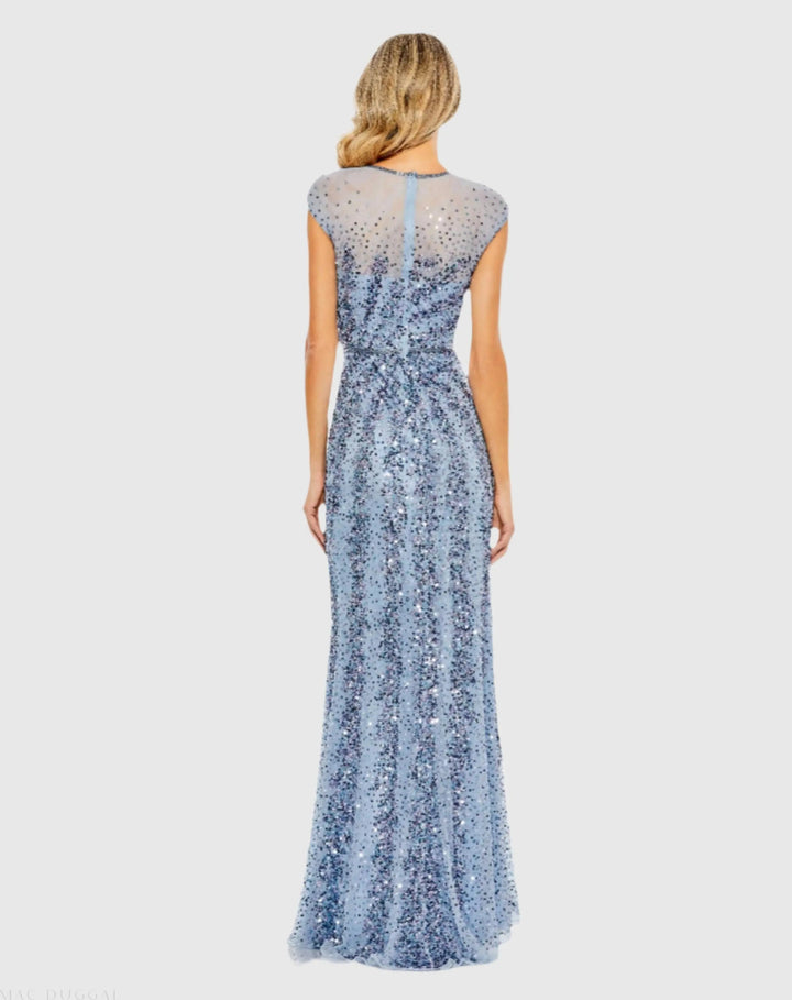 Mac Duggal 5619 Blue Embellished Illusion High Neck Cap Sleeve Gown
