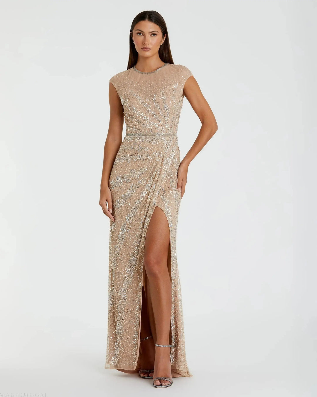 Mac Duggal 5619 Blue Embellished Illusion High Neck Cap Sleeve Gown