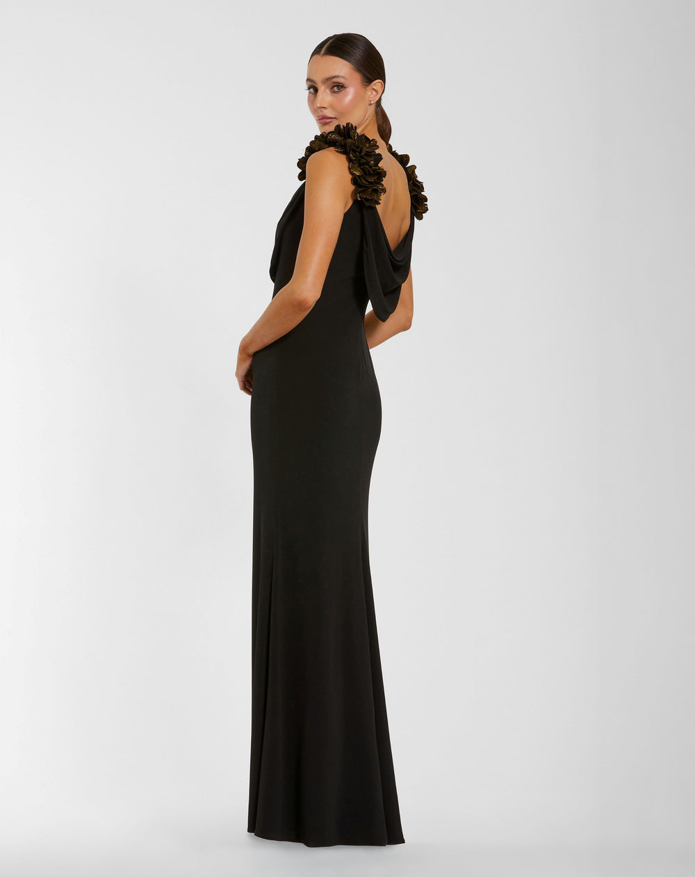 Mac Duggal 56195 Cowl Neck Jersey Gown with 3D Flower Straps