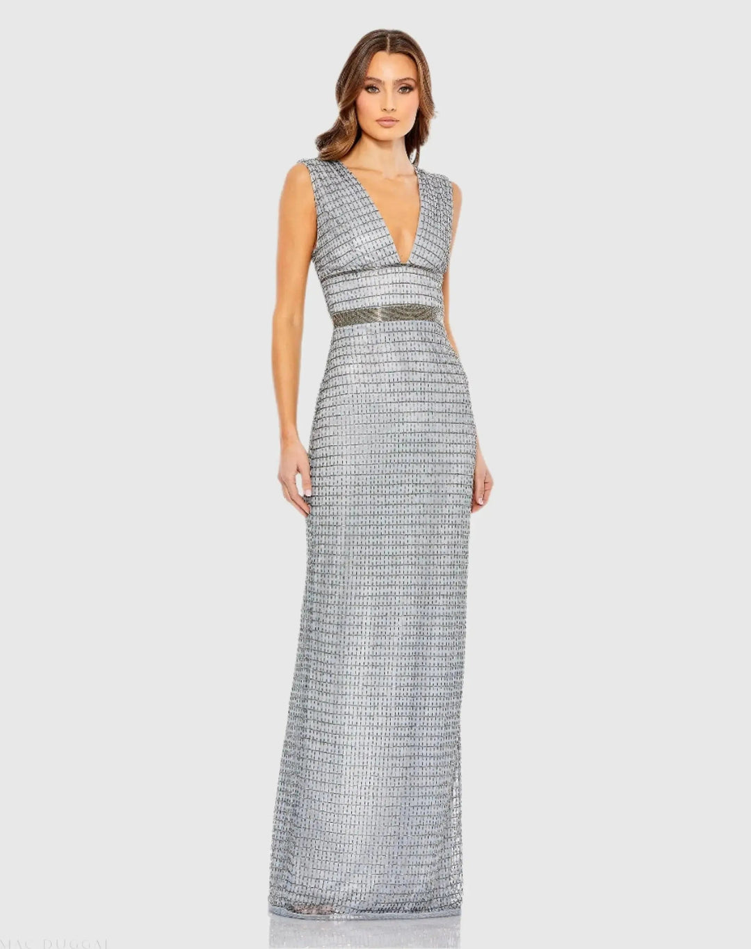 Mac Duggal 5625 Beaded Cap Sleeve V Neck Column Gown
