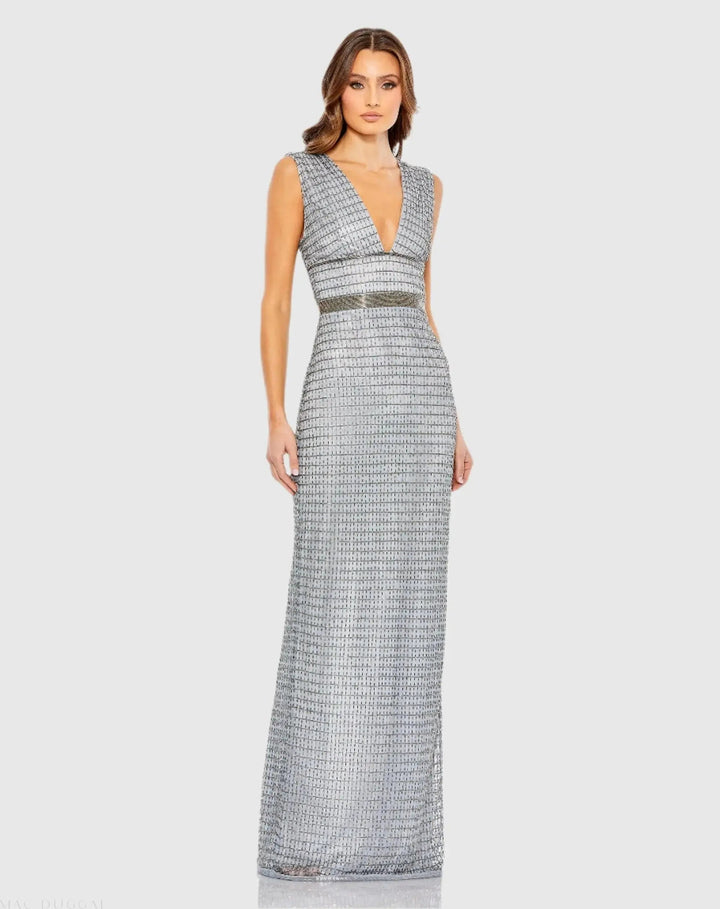 Mac Duggal 5625 Beaded Cap Sleeve V Neck Column Gown