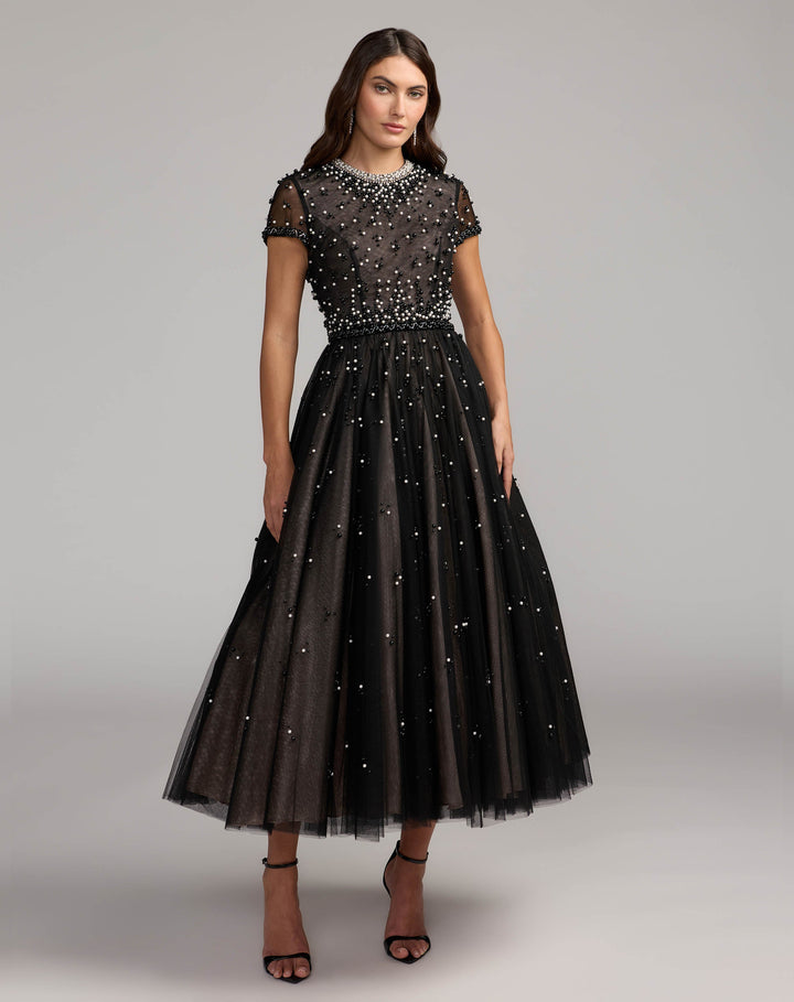 Mac Duggal 56255 Embellished Pearl Tulle Midi Dress