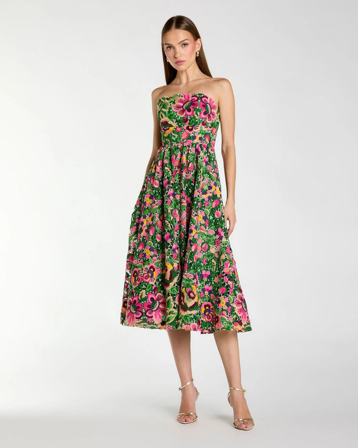 Green Strapless Floral Embroidered Midi Dress - FOSTANI.com