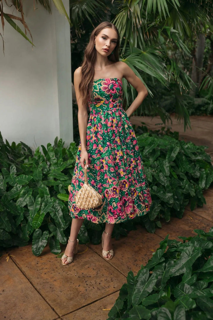 Green Strapless Floral Embroidered Midi Dress - FOSTANI.com