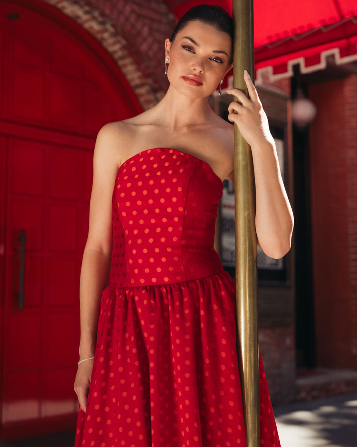 Mac Duggal 56273 Strapless Polka Dot Brocade Midi Dress