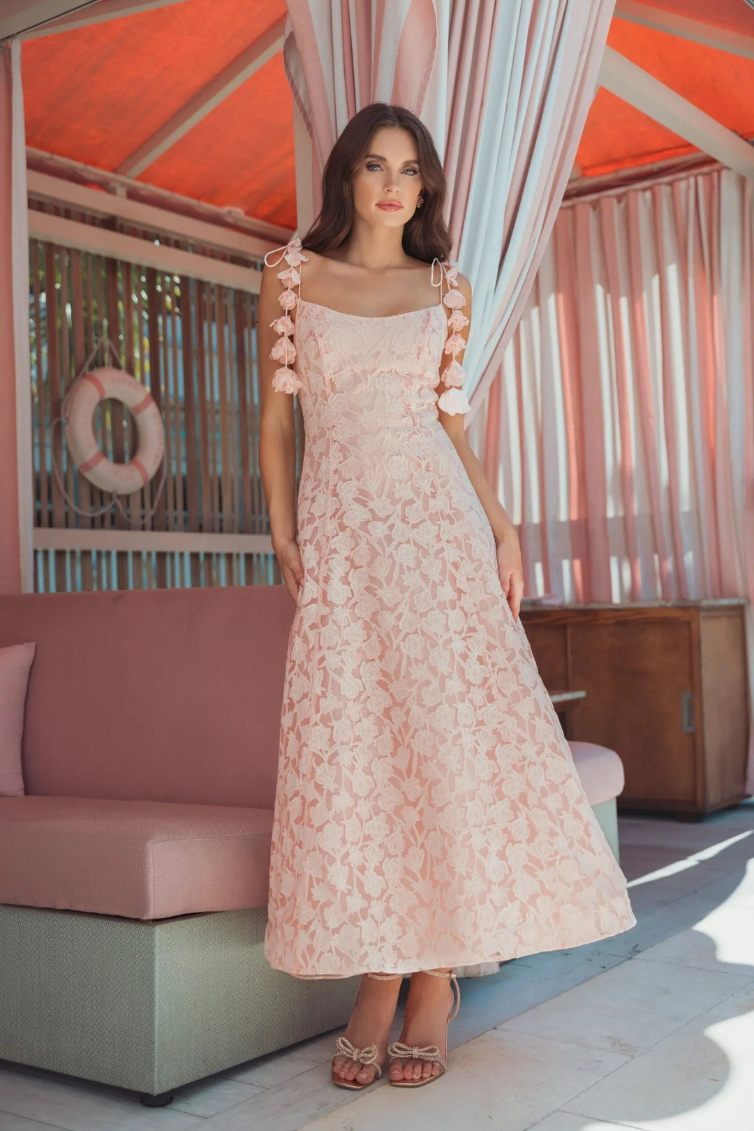 Pink Scoop Neck Floral A-Line Midi Dress - FOSTANI.com