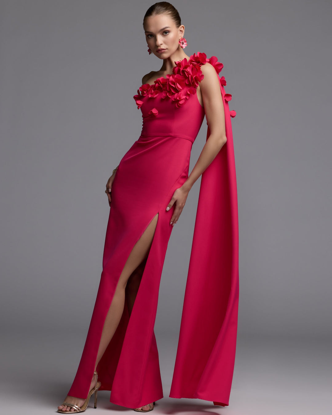 Mac Duggal 56394 Pink One Shoulder 3D Floral Cape Gown - FOSTANI.com