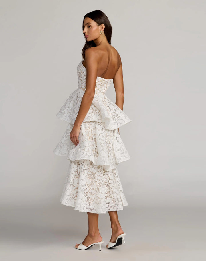 White and Beige Strapless Lace Tiered Ruffle Midi Dress - FOSTANI.com