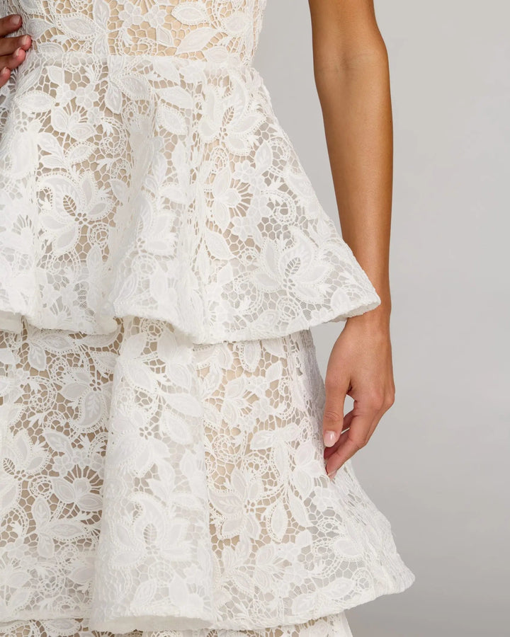 White and Beige Strapless Lace Tiered Ruffle Midi Dress - FOSTANI.com