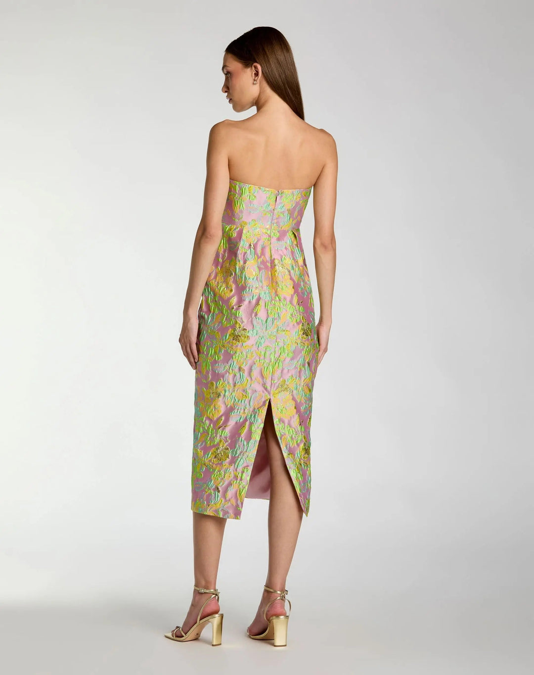 Multicolor Strapless Floral Brocade Midi Dress - FOSTANI.com