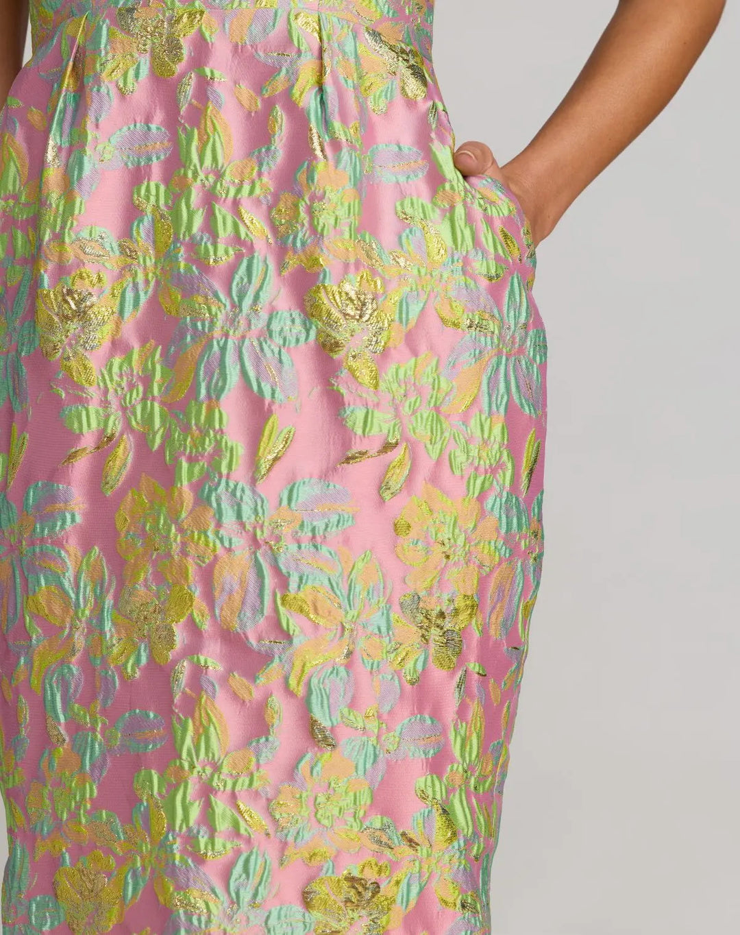 Multicolor Strapless Floral Brocade Midi Dress - FOSTANI.com