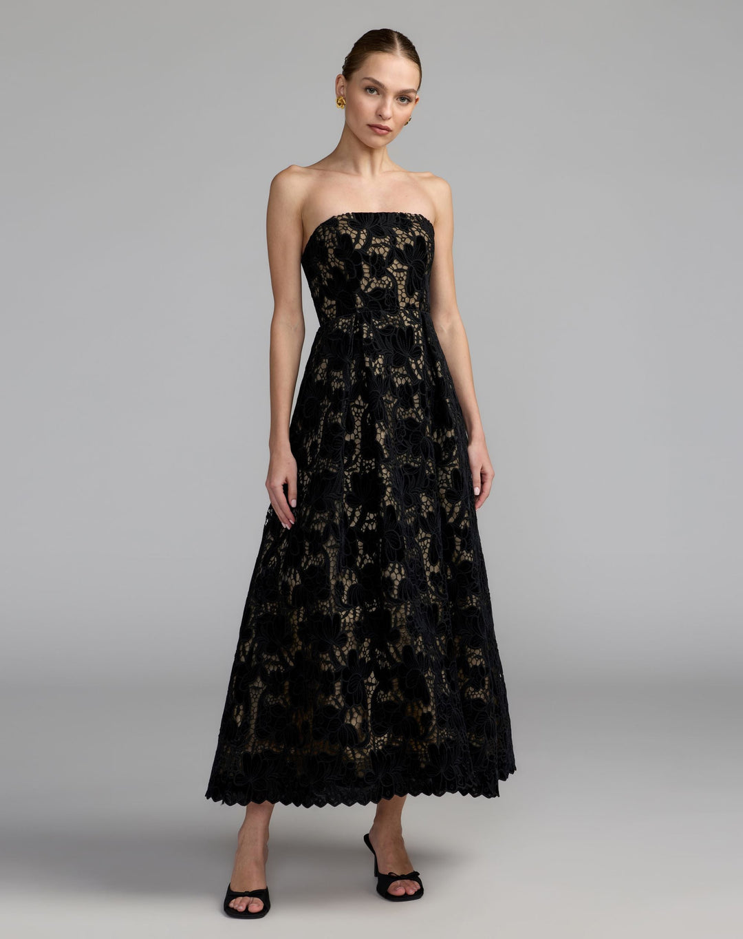 Mac Duggal 56438 Floral Lace Strapless A-Line Midi Dress