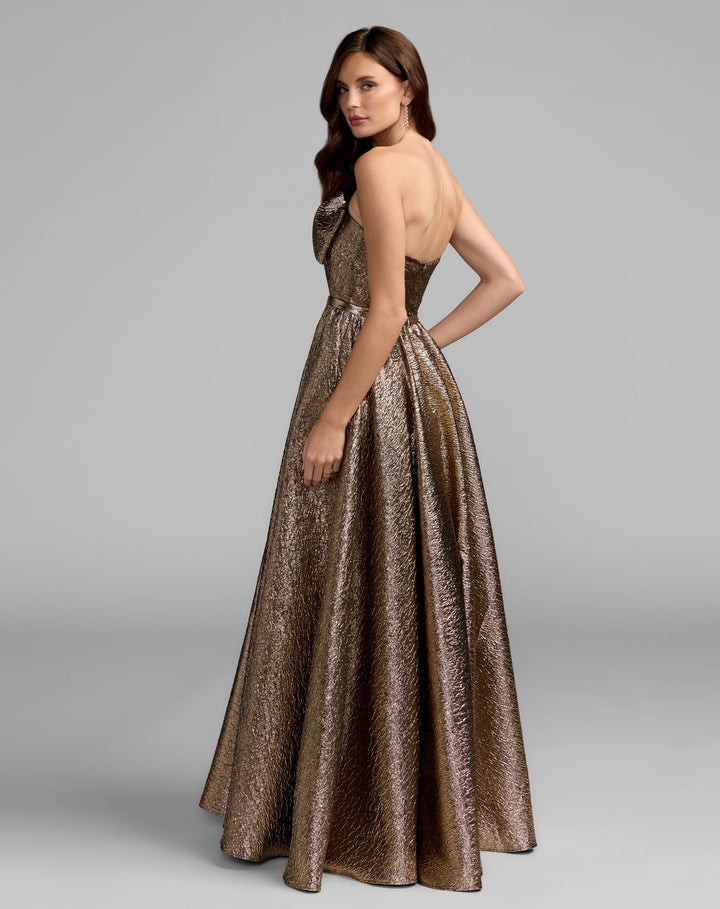Mac Duggal 56441 Strapless Metallic Gown With Bow Detail