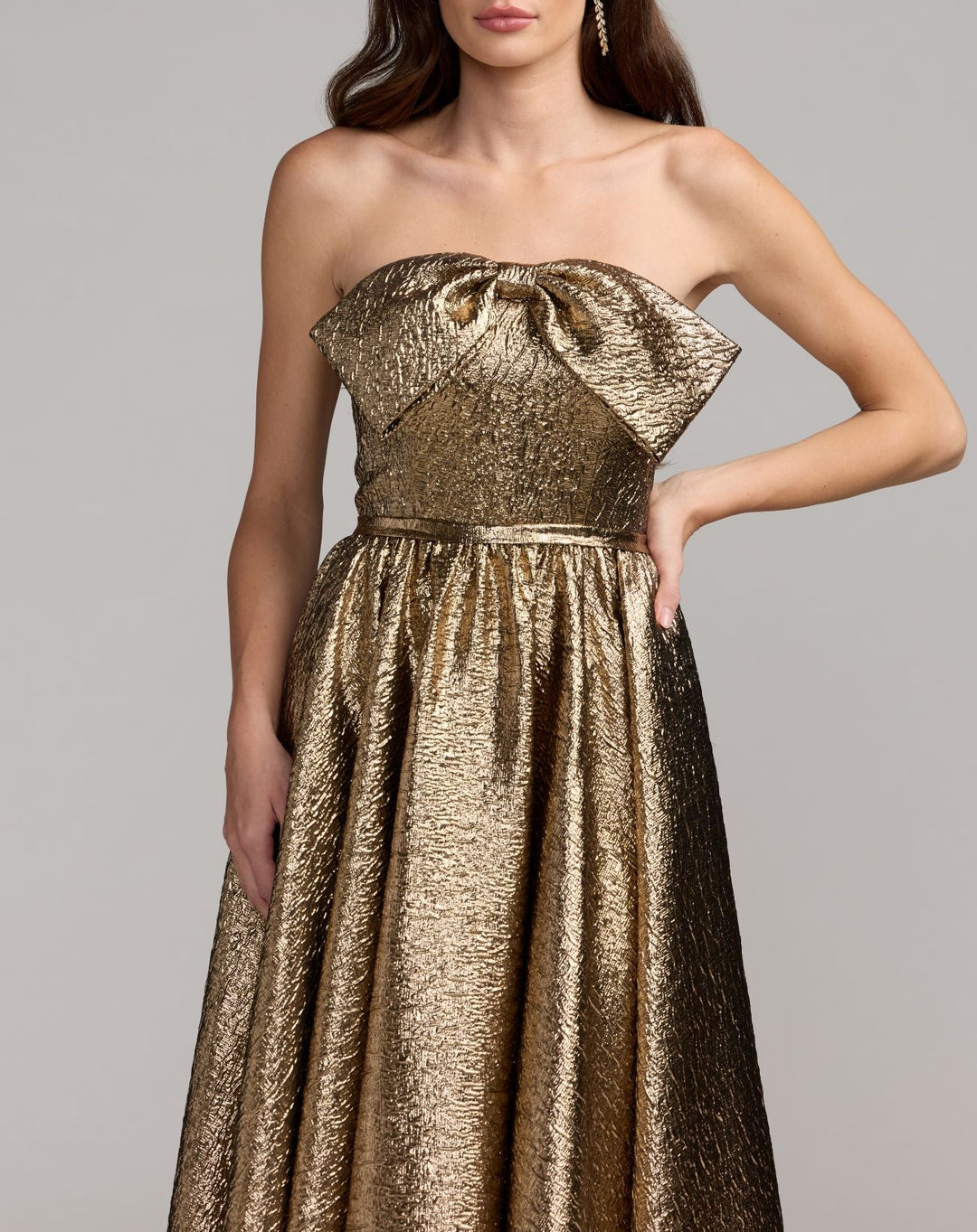 Mac Duggal 56441 Strapless Metallic Gown With Bow Detail