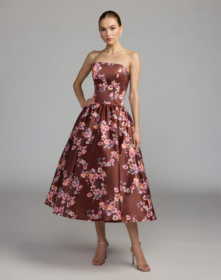 Mac Duggal 56504 Floral Satin Strapless A-Line Midi Dress