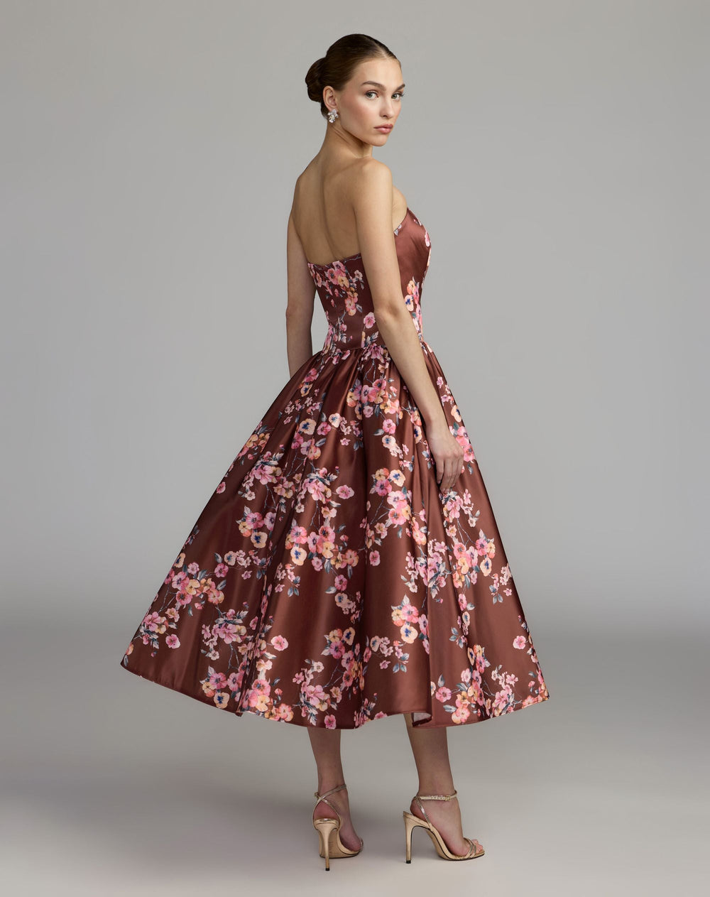 Mac Duggal 56504 Floral Satin Strapless A-Line Midi Dress