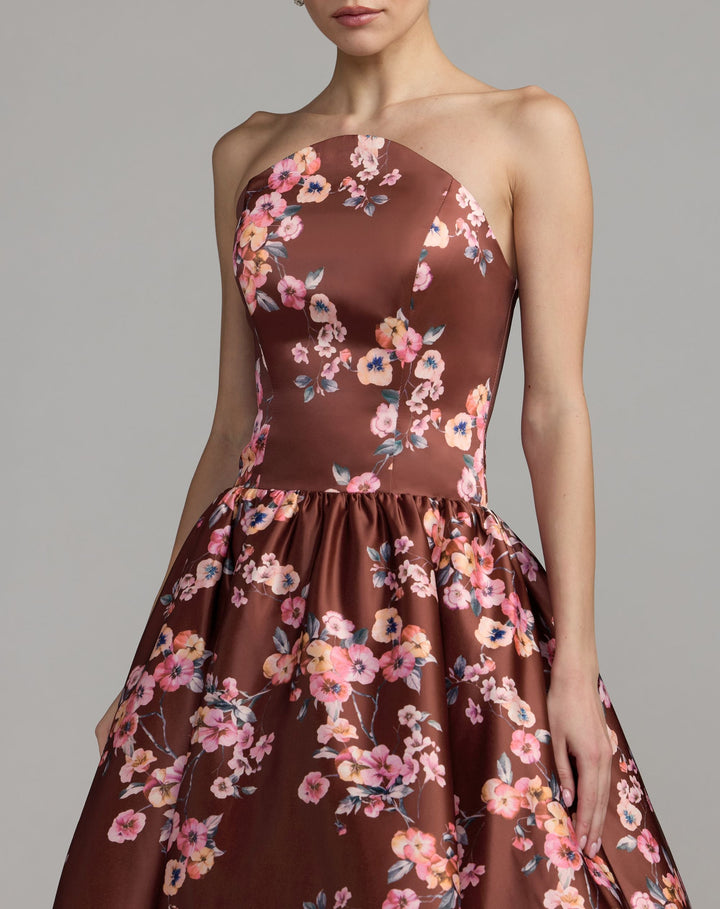 Mac Duggal 56504 Floral Satin Strapless A-Line Midi Dress