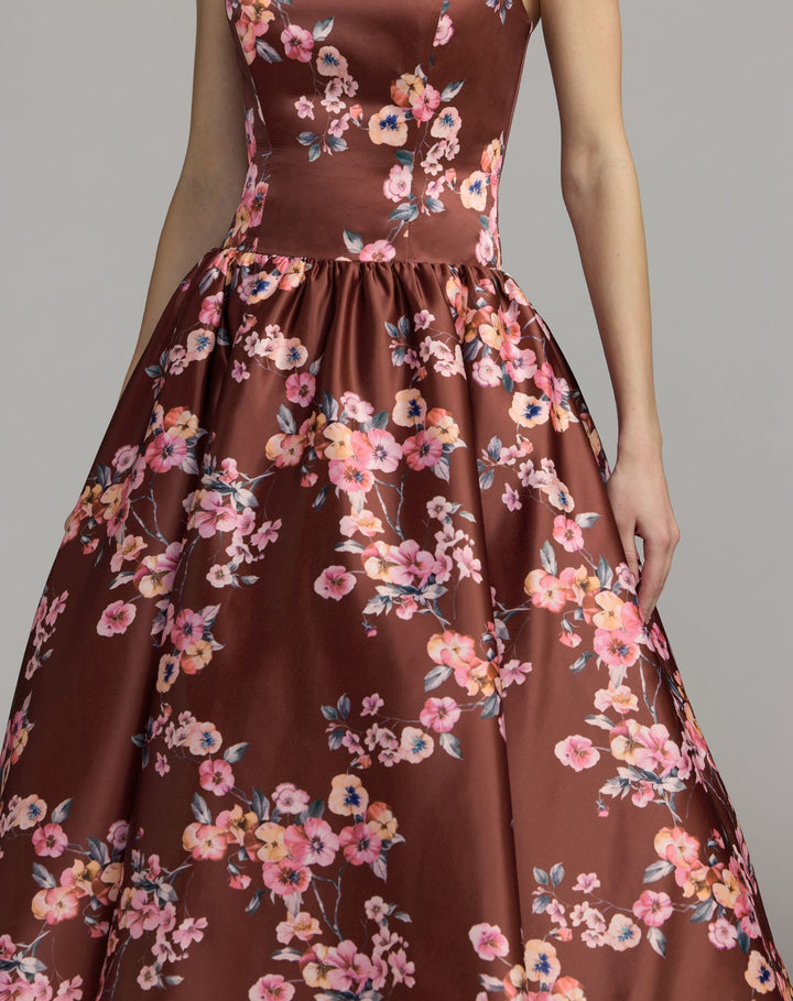 Mac Duggal 56504 Floral Satin Strapless A-Line Midi Dress