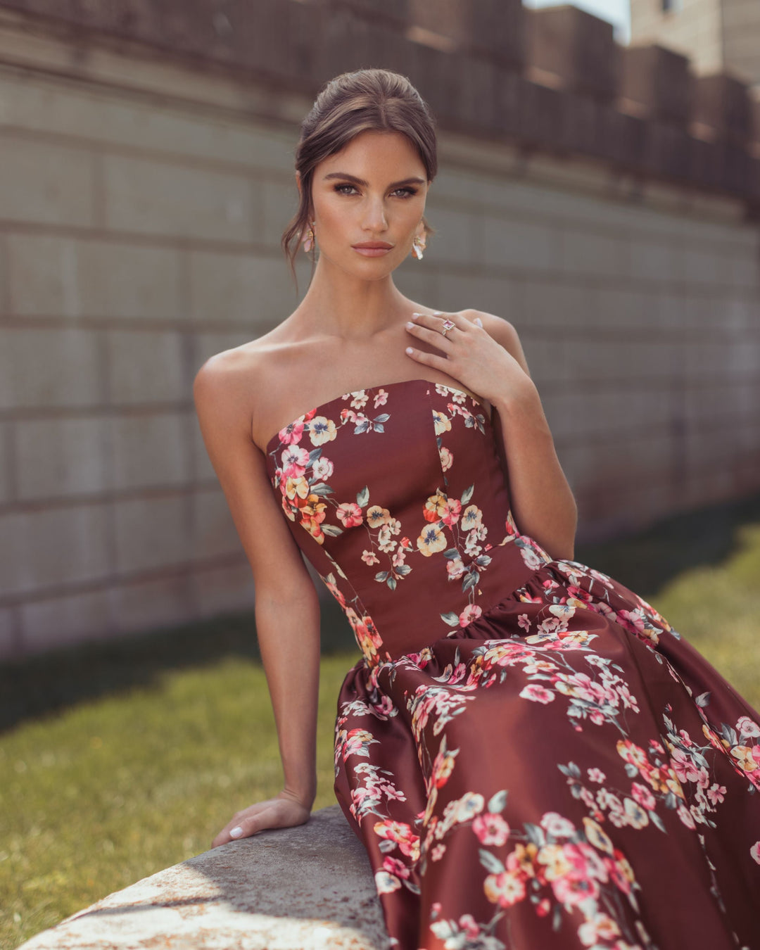 Mac Duggal 56504 Floral Satin Strapless A-Line Midi Dress
