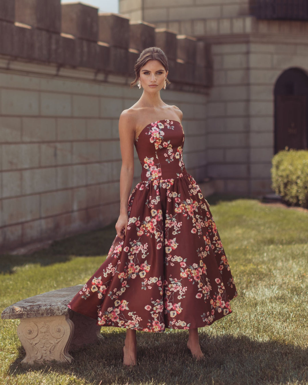 Mac Duggal 56504 Floral Satin Strapless A-Line Midi Dress