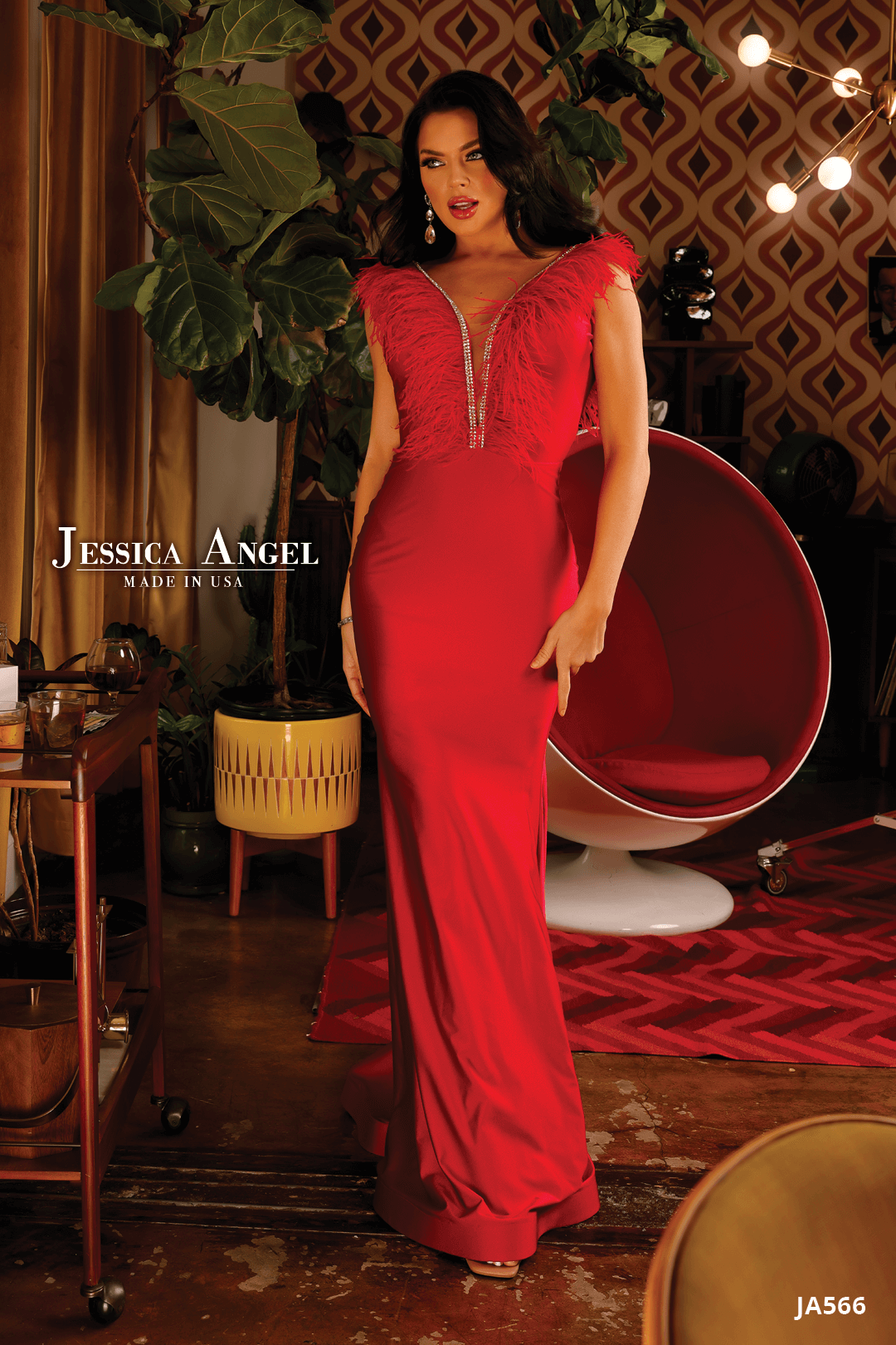 Jessica Angel 566 feather shoulder gown front view