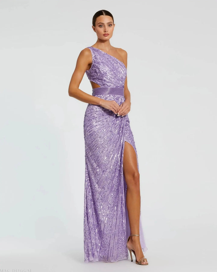 Mac Duggal 5687 Sequined One Shoulder Draped Lace Up Gown